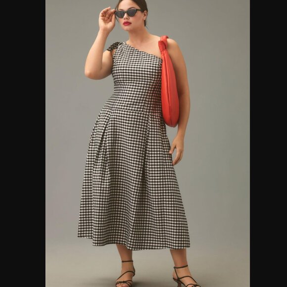 Donating 2/22 NWT [By Anthropologie] One-Shoulder Gingham Midi Dress - Picture 2 of 12